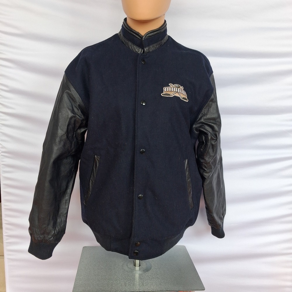 VTG North N End Hockey Jacket Navy Blue Wool Black Leather Sleeves Mens L